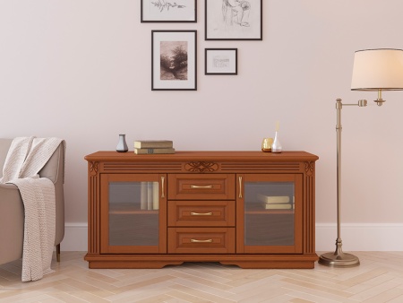 Комод Греденция Dreamline Палермо (3 ящика со стеклом) бук-дымчатый темный дуб 156х53х75