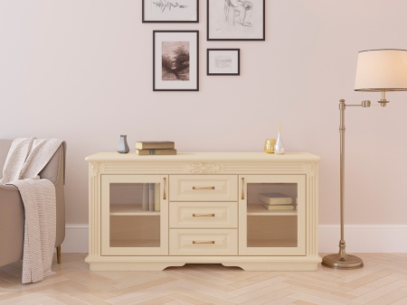 Комод Греденция Dreamline Палермо (3 ящика со стеклом) бук-дымчатый темный дуб 156х53х75