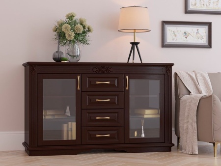 Комод Греденция Dreamline Палермо (4 ящика со стеклом) бук-дымчатый темный дуб 156х53х94