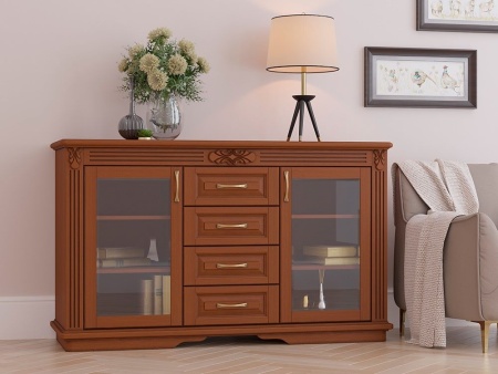 Комод Греденция Dreamline Палермо (4 ящика со стеклом) бук-дымчатый темный дуб 156х53х94