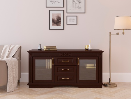 Комод Греденция Dreamline Палермо (3 ящика со стеклом) бук-дымчатый темный дуб 156х53х75