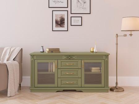 Комод Греденция Dreamline Палермо (3 ящика со стеклом) бук-дымчатый темный дуб 156х53х75