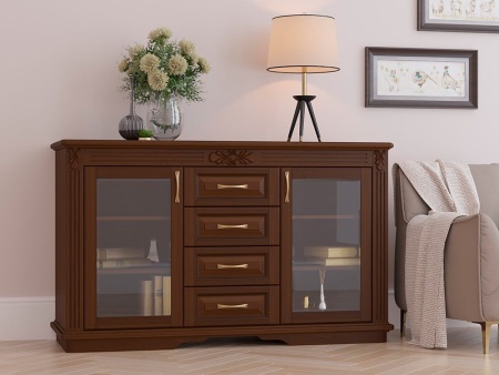 Комод Греденция Dreamline Палермо (4 ящика со стеклом) бук-дымчатый темный дуб 156х53х94