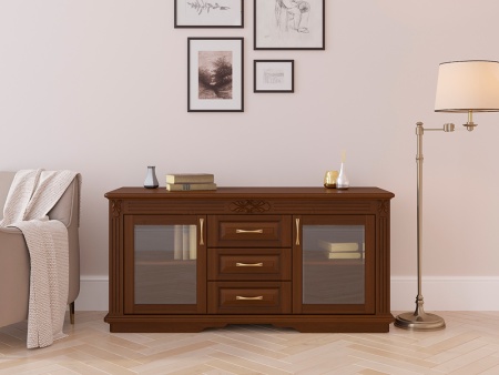 Комод Греденция Dreamline Палермо (3 ящика со стеклом) бук-дымчатый темный дуб 156х53х75