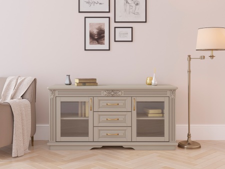 Комод Греденция Dreamline Палермо (3 ящика со стеклом) бук-дымчатый темный дуб 156х53х75